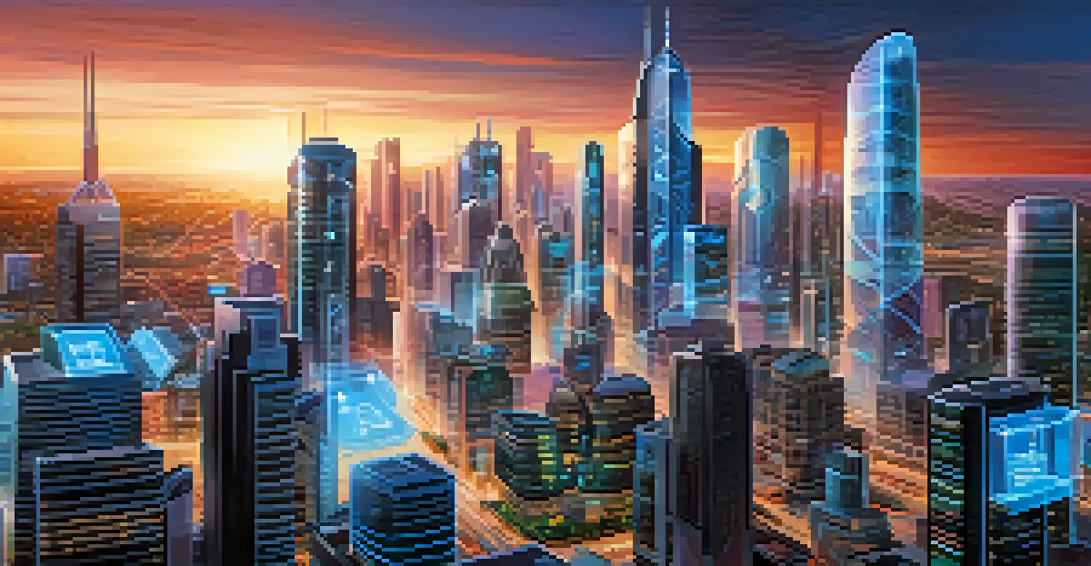A futuristic cityscape with buildings displaying digital twin technology and holographic data projections during sunset.