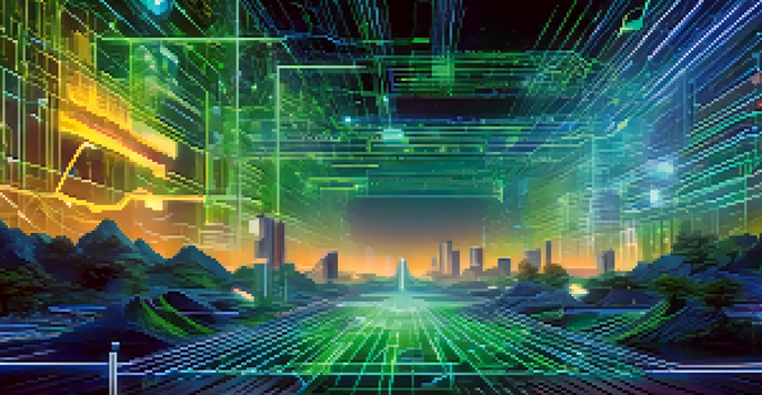 A digital landscape showcasing decentralized finance, featuring blockchain nodes and flowing digital currency to represent flash loans.