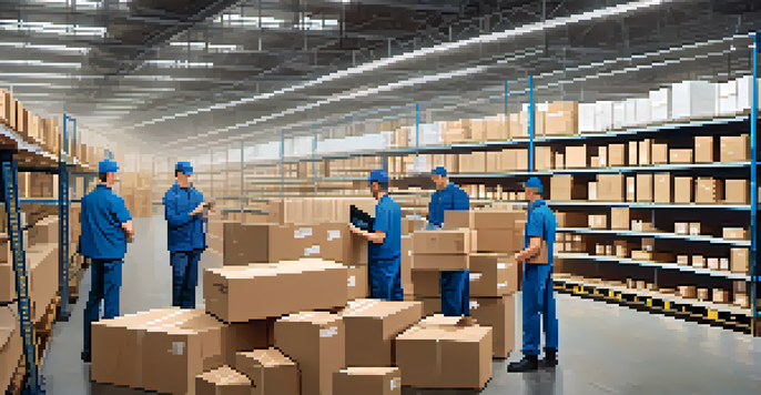 A group of diverse professionals inspecting products in a well-lit warehouse, with visible blockchain data on a digital display.