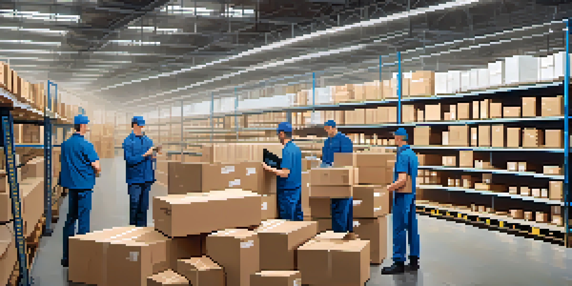A group of diverse professionals inspecting products in a well-lit warehouse, with visible blockchain data on a digital display.
