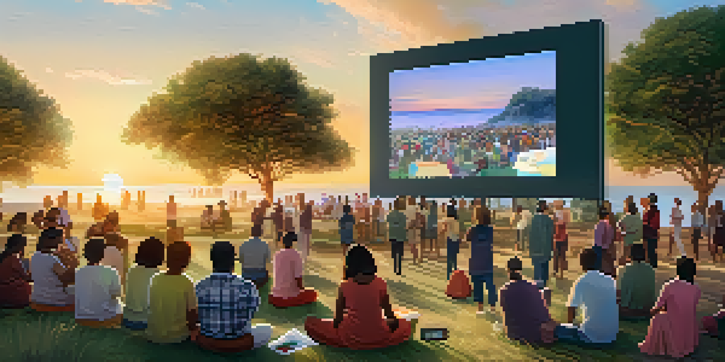 A community gathering around a digital screen displaying donation allocations for a charity, with a sunset backdrop.