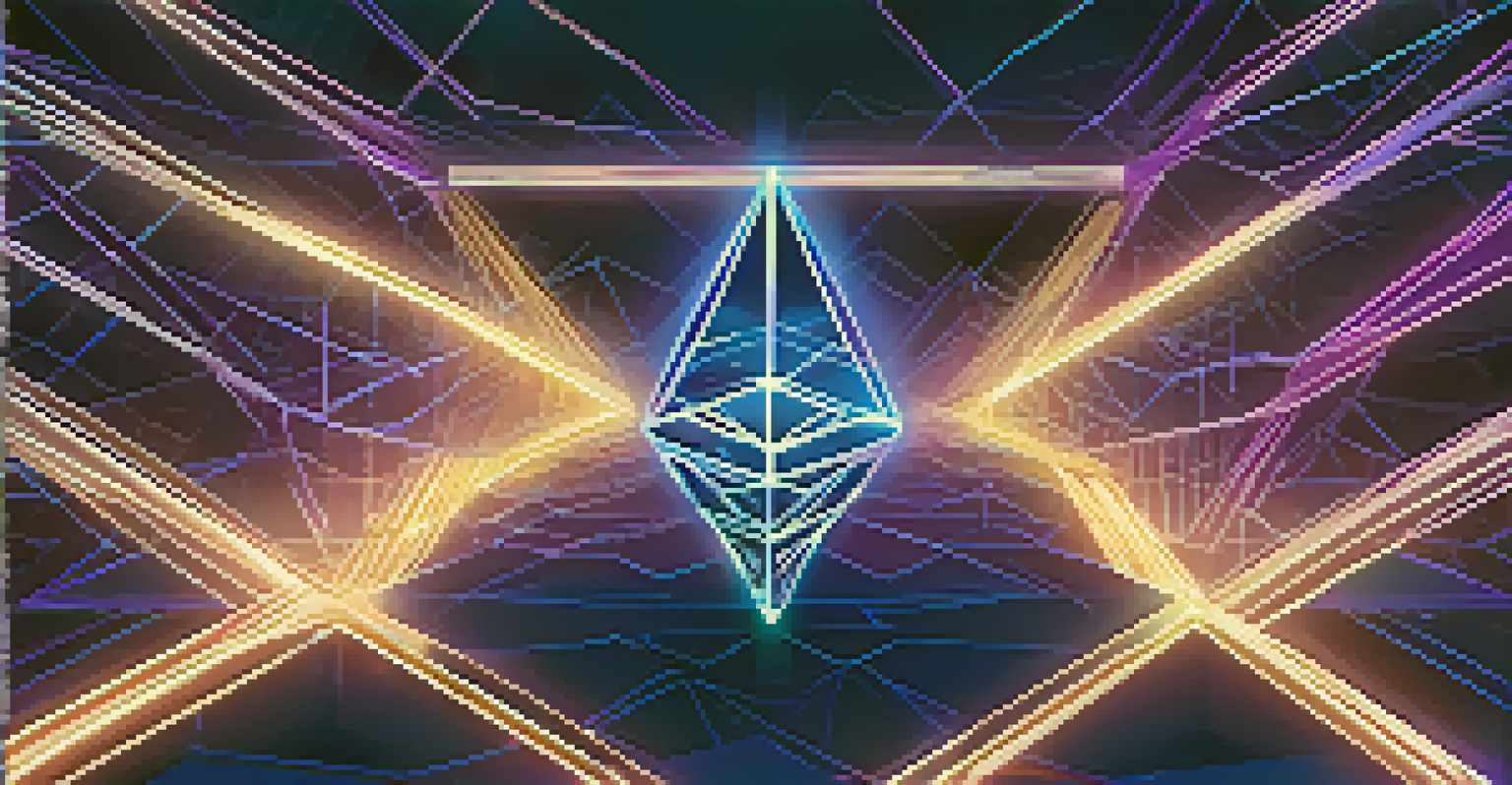 An abstract image showing interconnected blocks representing the Ethereum blockchain, set against a deep blue and purple gradient background.