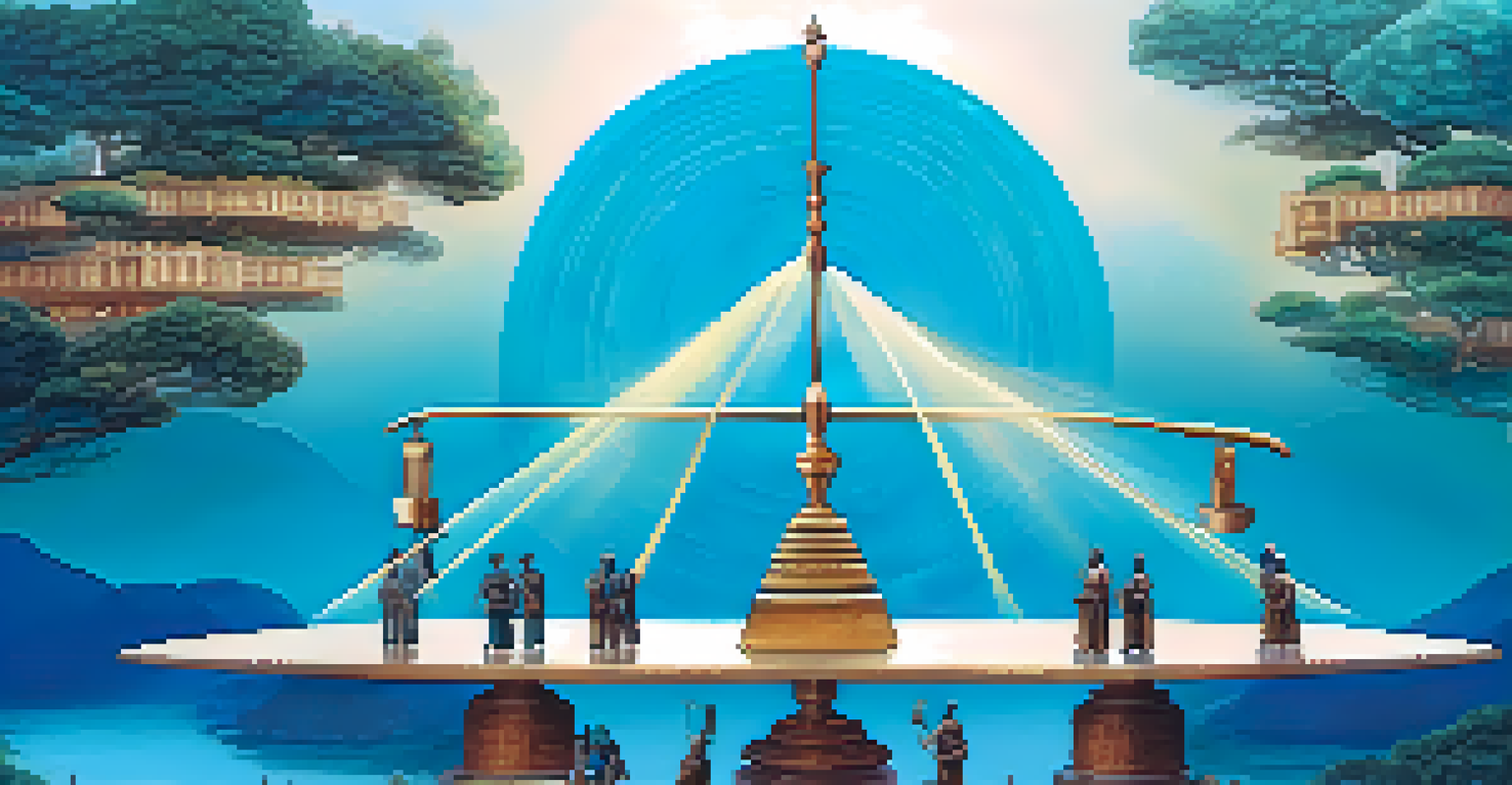 An illustration of a balanced scale symbolizing governance in a DAO, with community members and digital tokens.