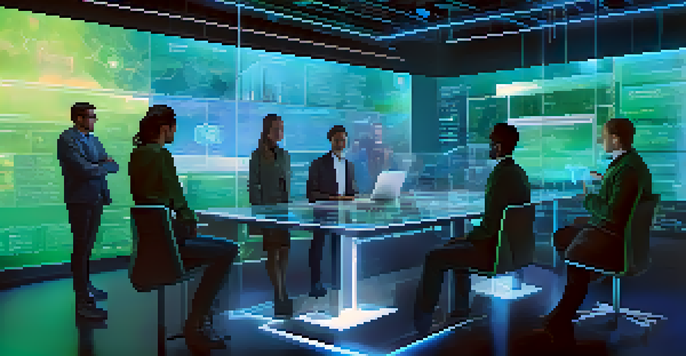 A diverse group of people collaborating in a high-tech workspace with holographic displays of a DAO framework.