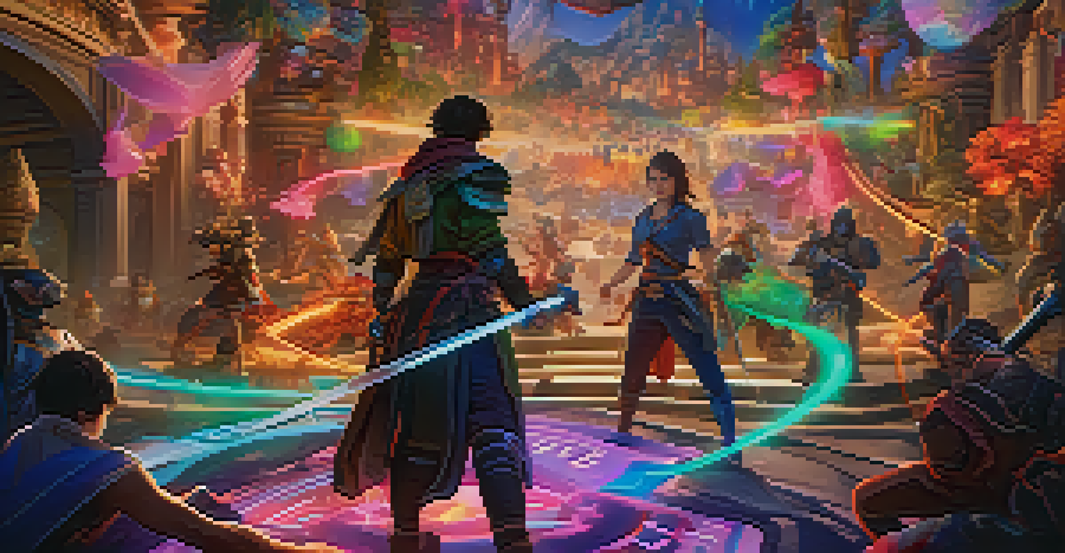 A gaming metaverse scene with players using in-game assets across different colorful landscapes.