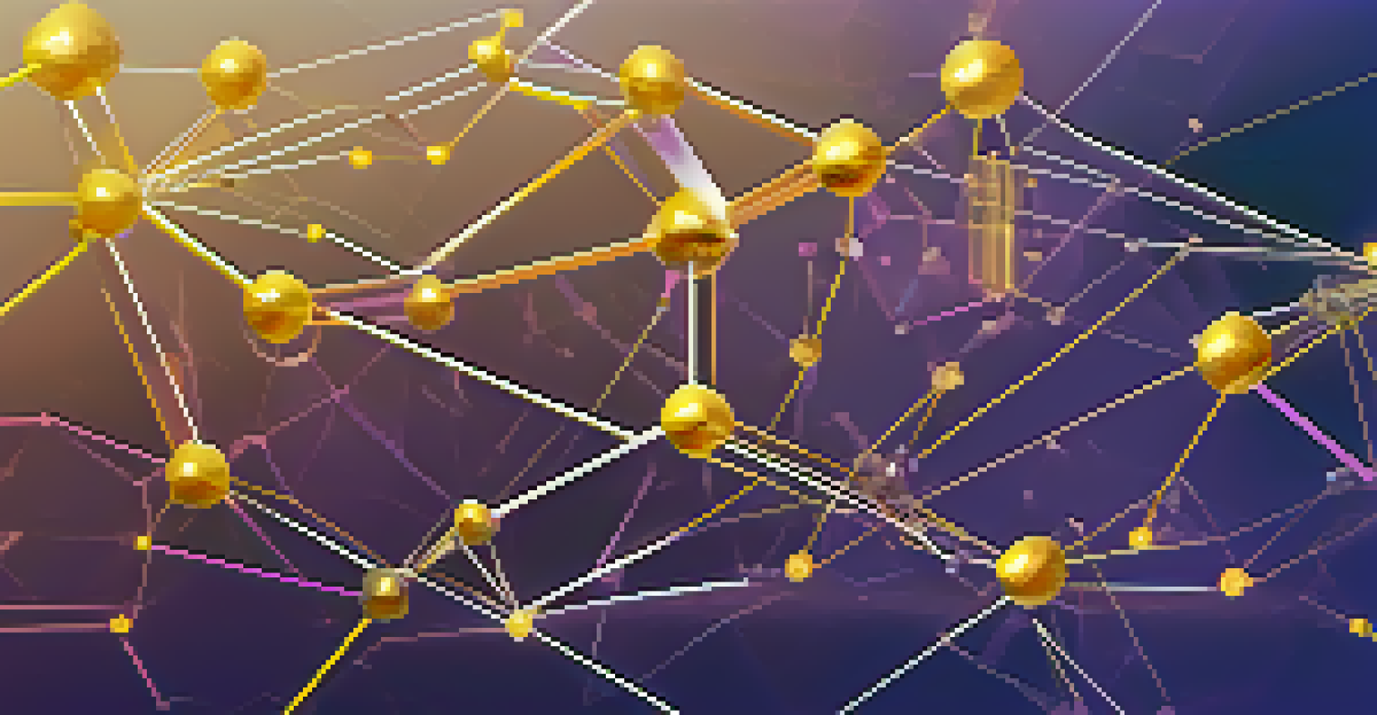 An abstract illustration of blockchain technology connected with digital twins, featuring nodes and chains with healthcare and automotive images.