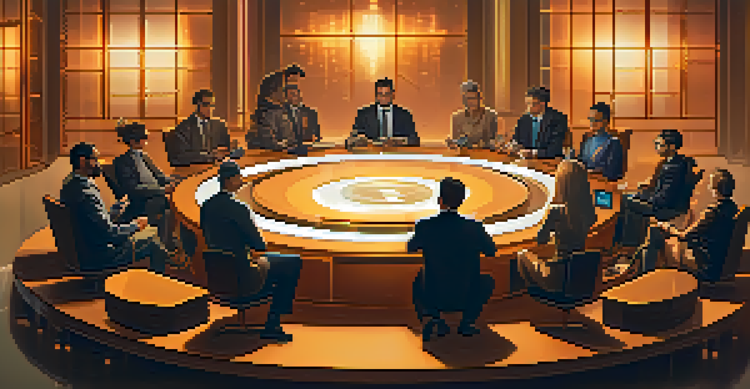 A diverse group of people in a meeting discussing decentralized governance with digital devices.