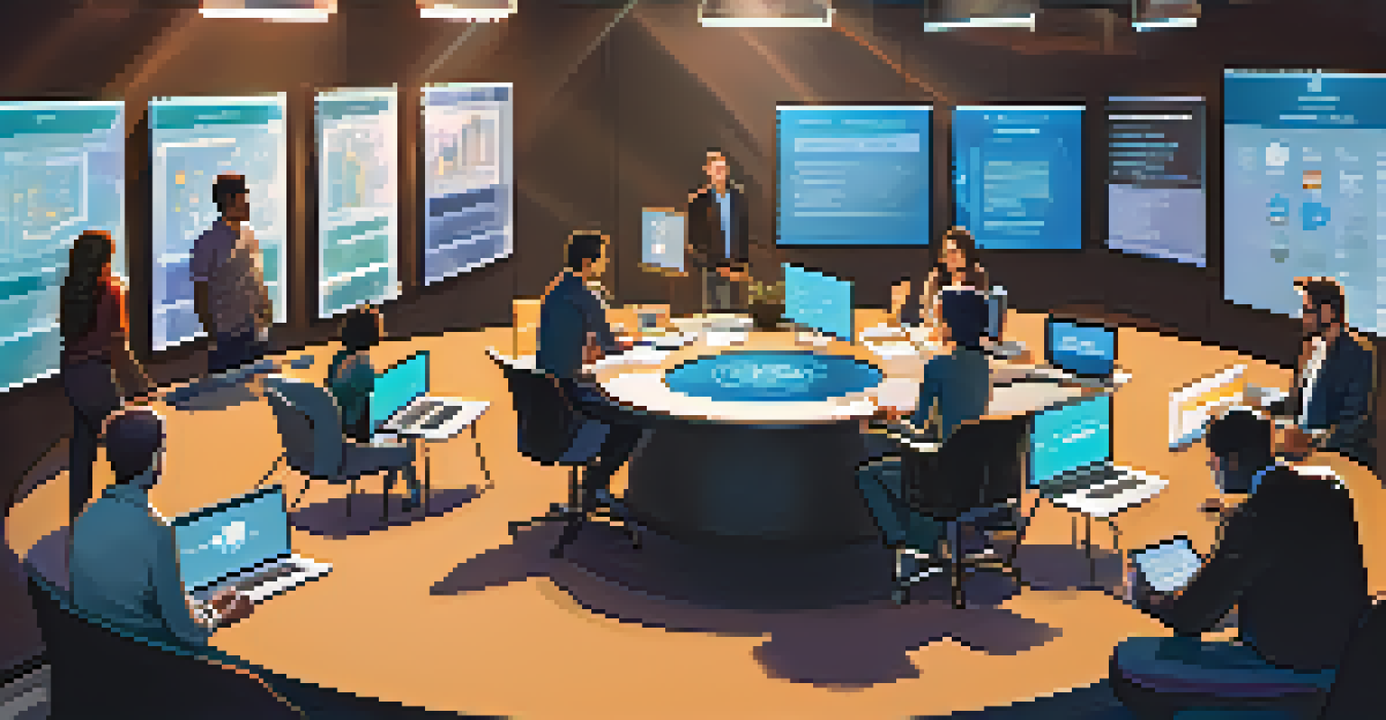 A diverse group discussing around a digital table with screens showing Ethereum governance analytics and voting options.
