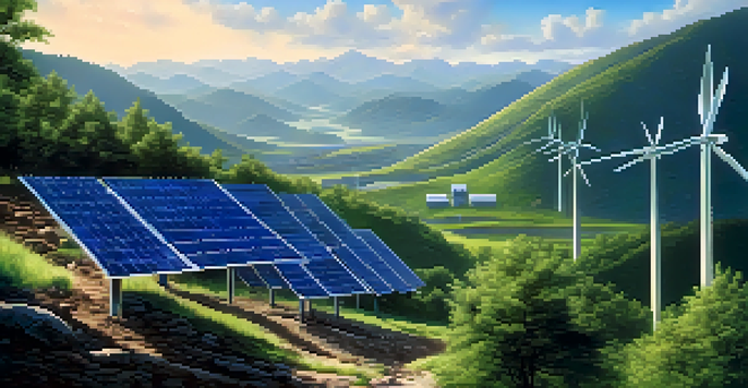 A peaceful mining landscape with solar panels and wind turbines surrounded by greenery and mountains under a clear blue sky.