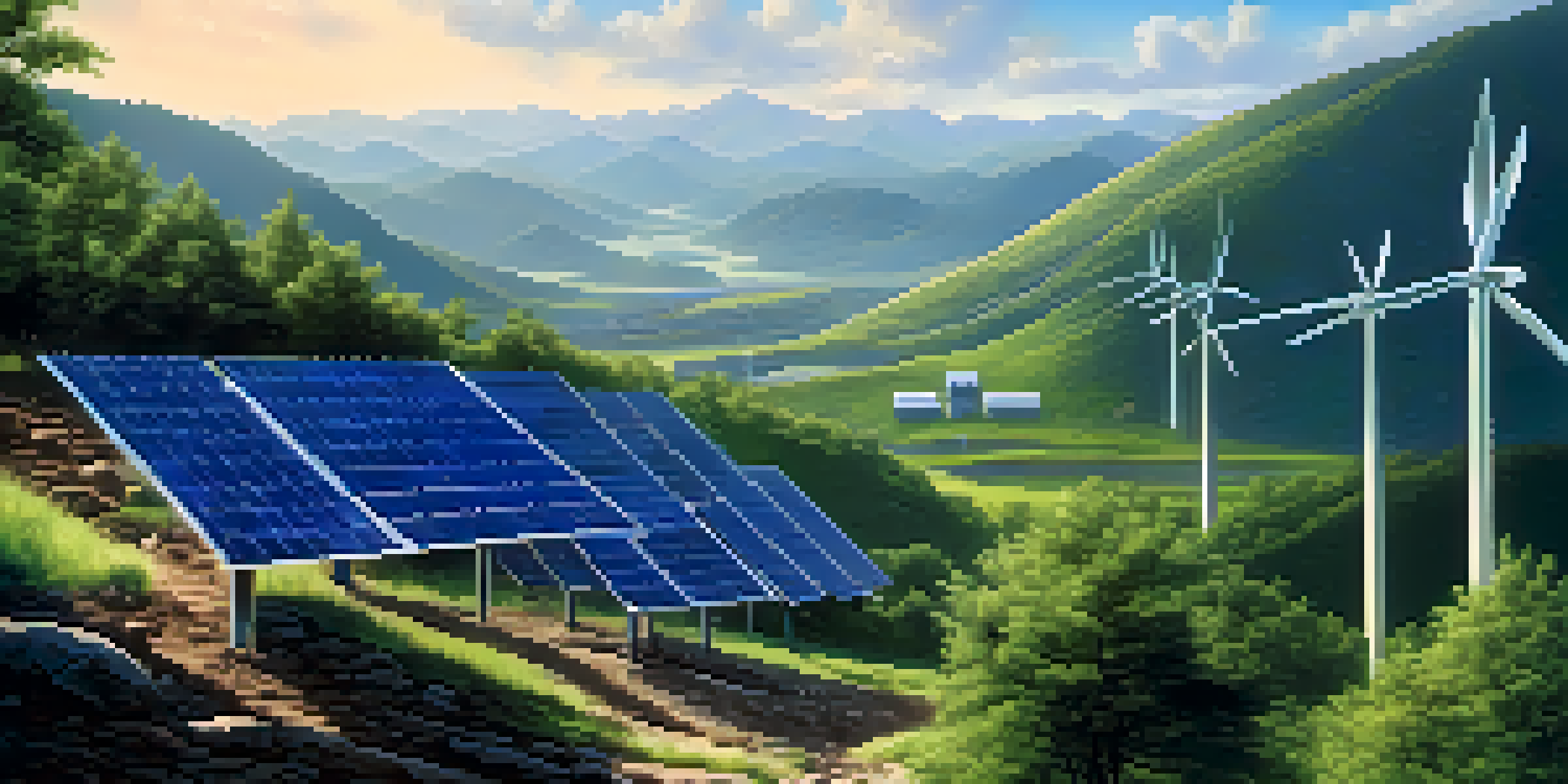 A peaceful mining landscape with solar panels and wind turbines surrounded by greenery and mountains under a clear blue sky.
