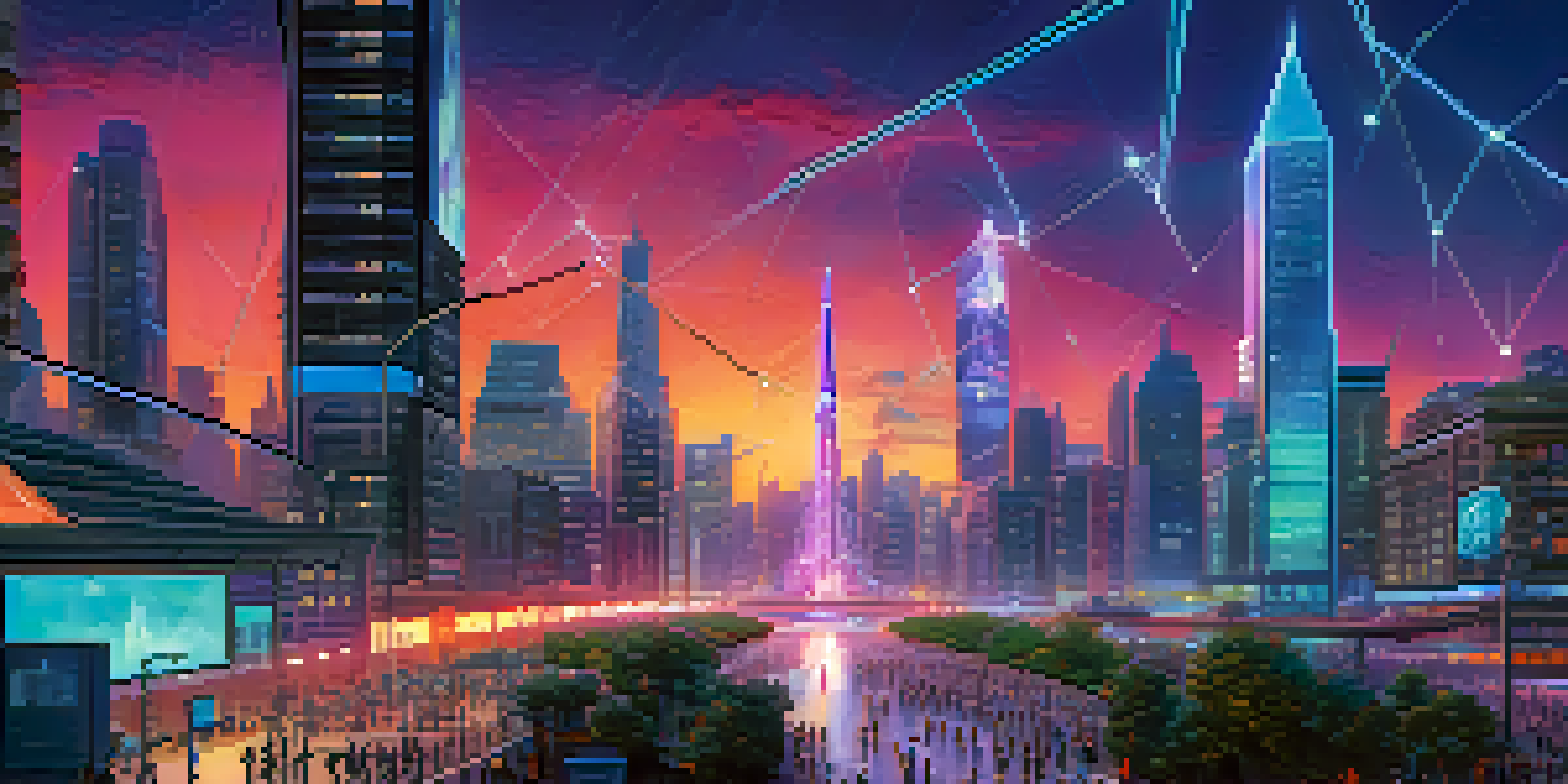 A futuristic city with glowing shard chains and people using digital devices, representing Ethereum 2.0.