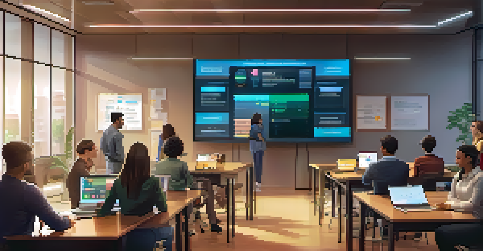 A diverse group learning about finance in a collaborative workspace, with interactive displays and virtual rewards visible.
