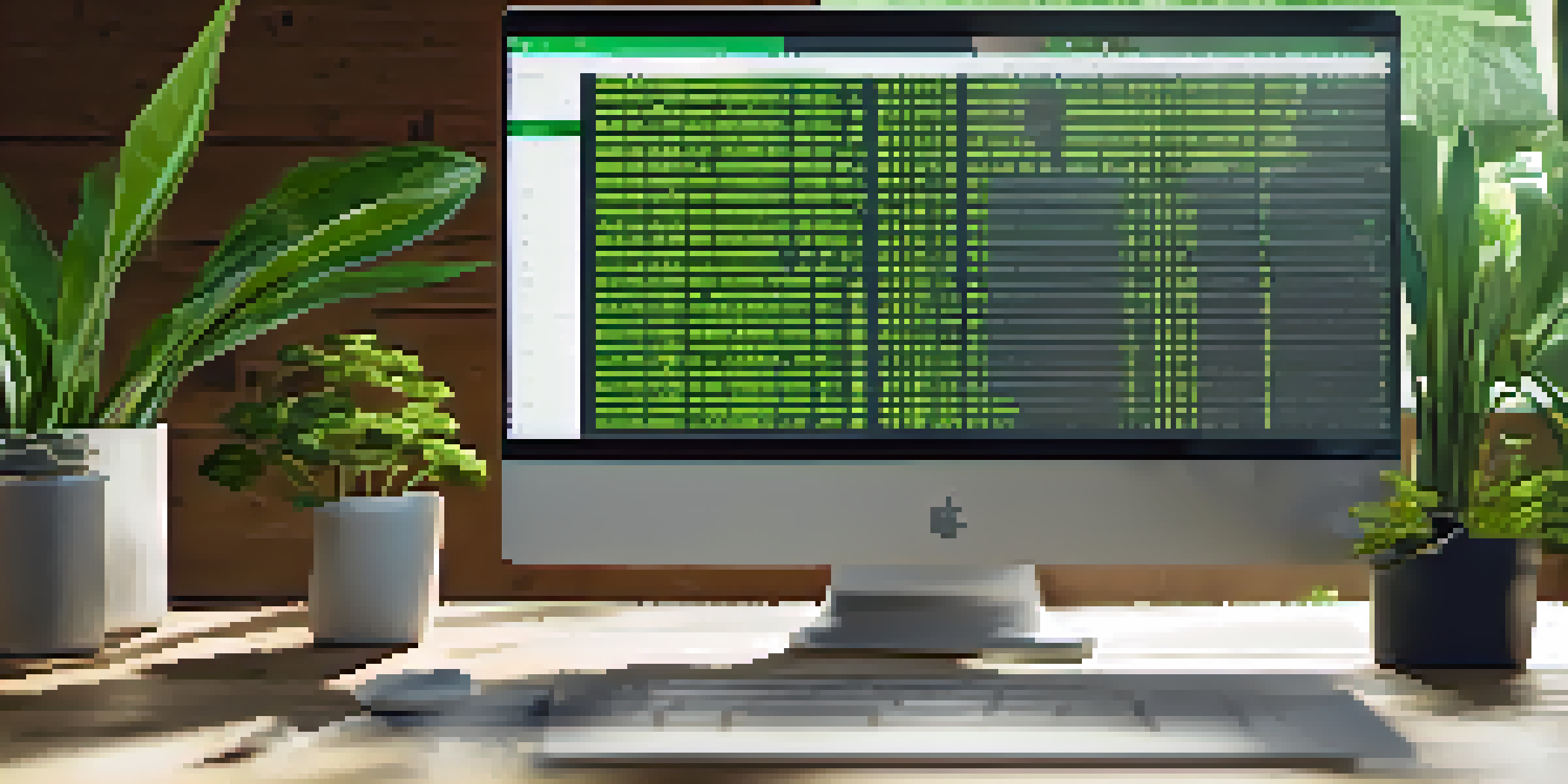 A detailed view of a computer screen with eco-friendly code, surrounded by plants, symbolizing sustainable development practices.
