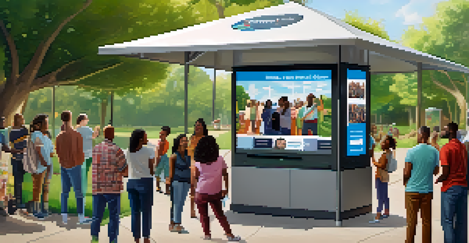 A diverse group of voters using a touchscreen voting kiosk in a park-like setting, promoting community engagement.