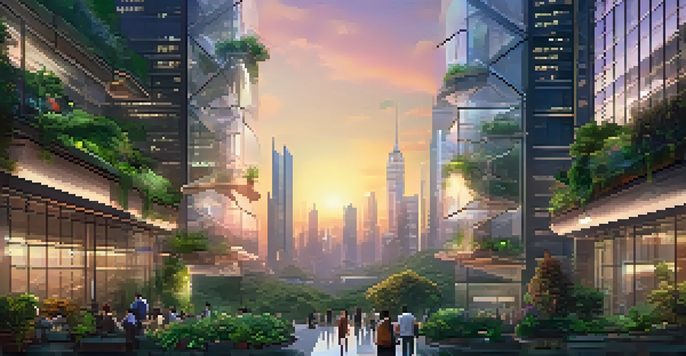 A futuristic city with modern buildings and greenery, illuminated by a sunset, representing the balance of privacy and transparency.
