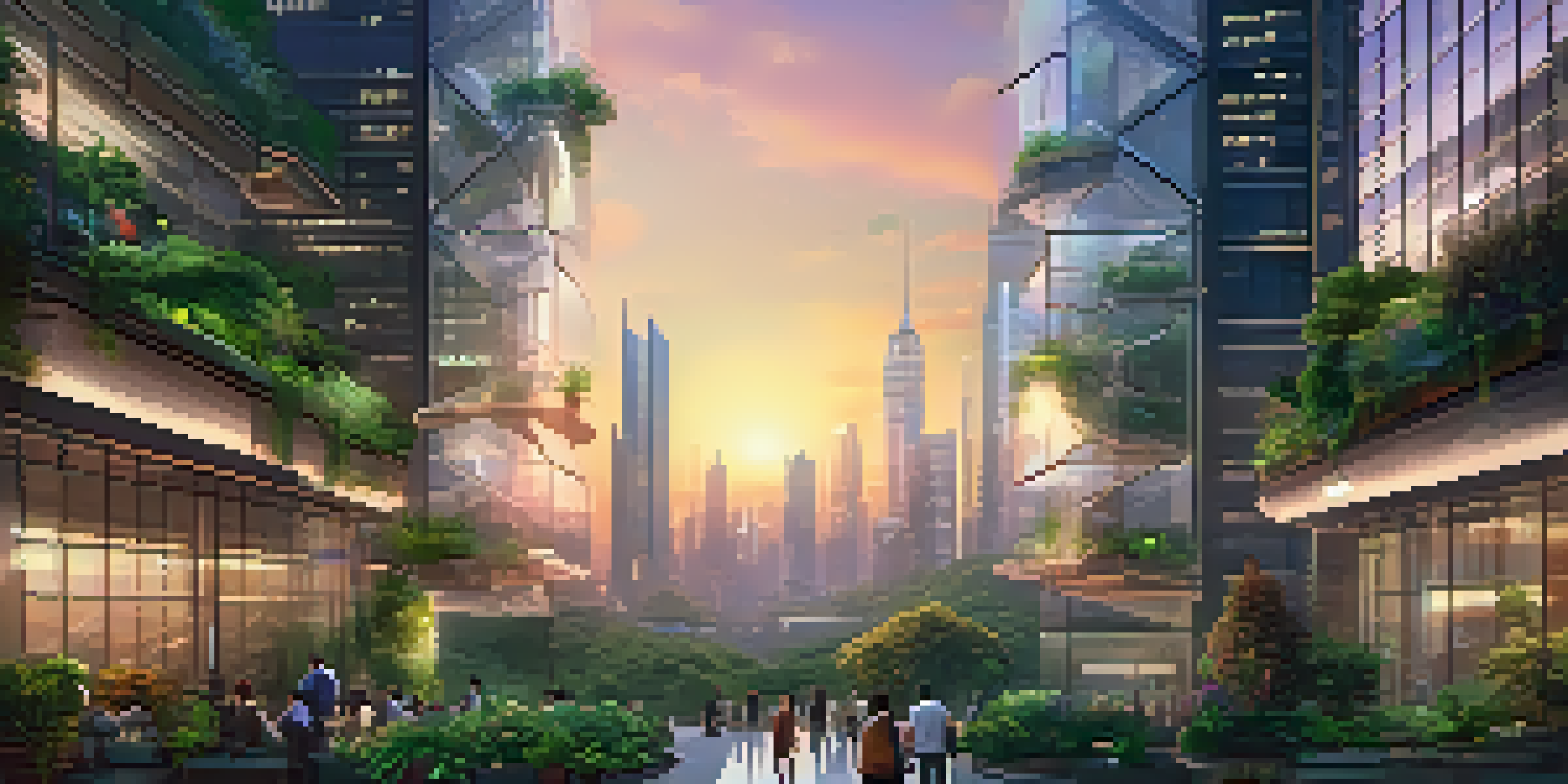 A futuristic city with modern buildings and greenery, illuminated by a sunset, representing the balance of privacy and transparency.