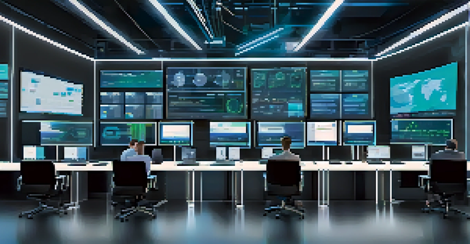 A modern supply chain control room with screens displaying real-time data and a diverse team of professionals collaborating.