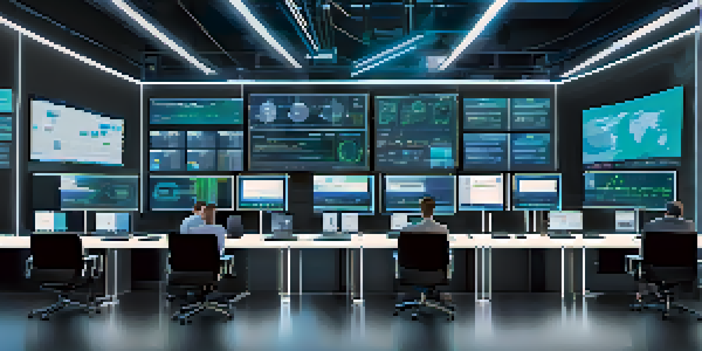 A modern supply chain control room with screens displaying real-time data and a diverse team of professionals collaborating.