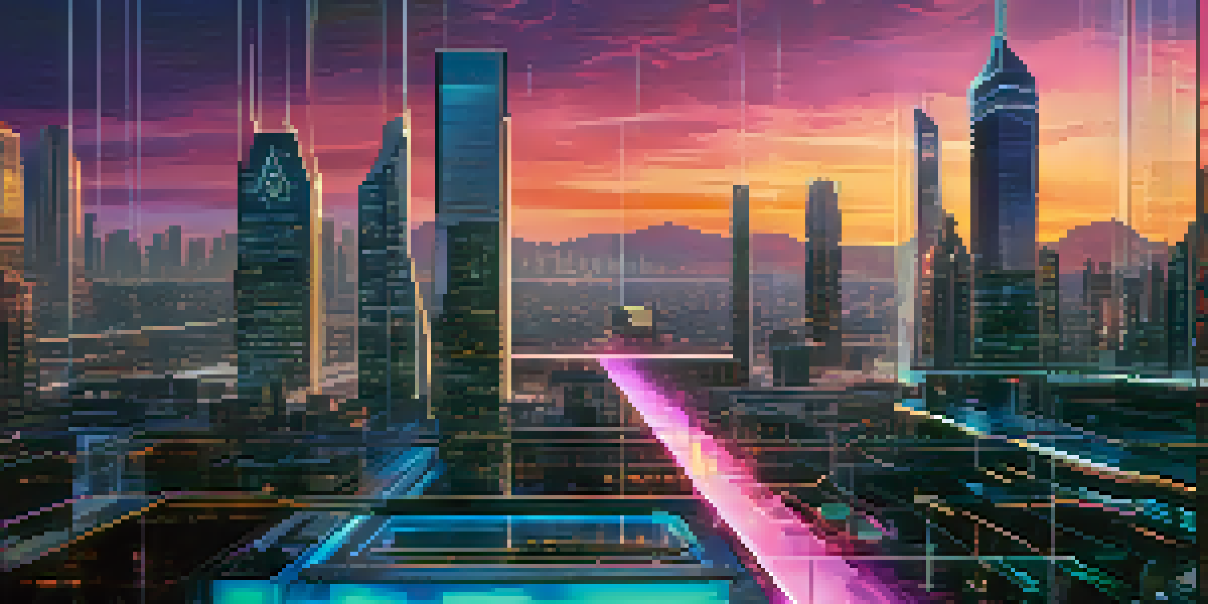 A vibrant sunset cityscape with futuristic architecture and neon lights, depicting the integration of technology and urban living.