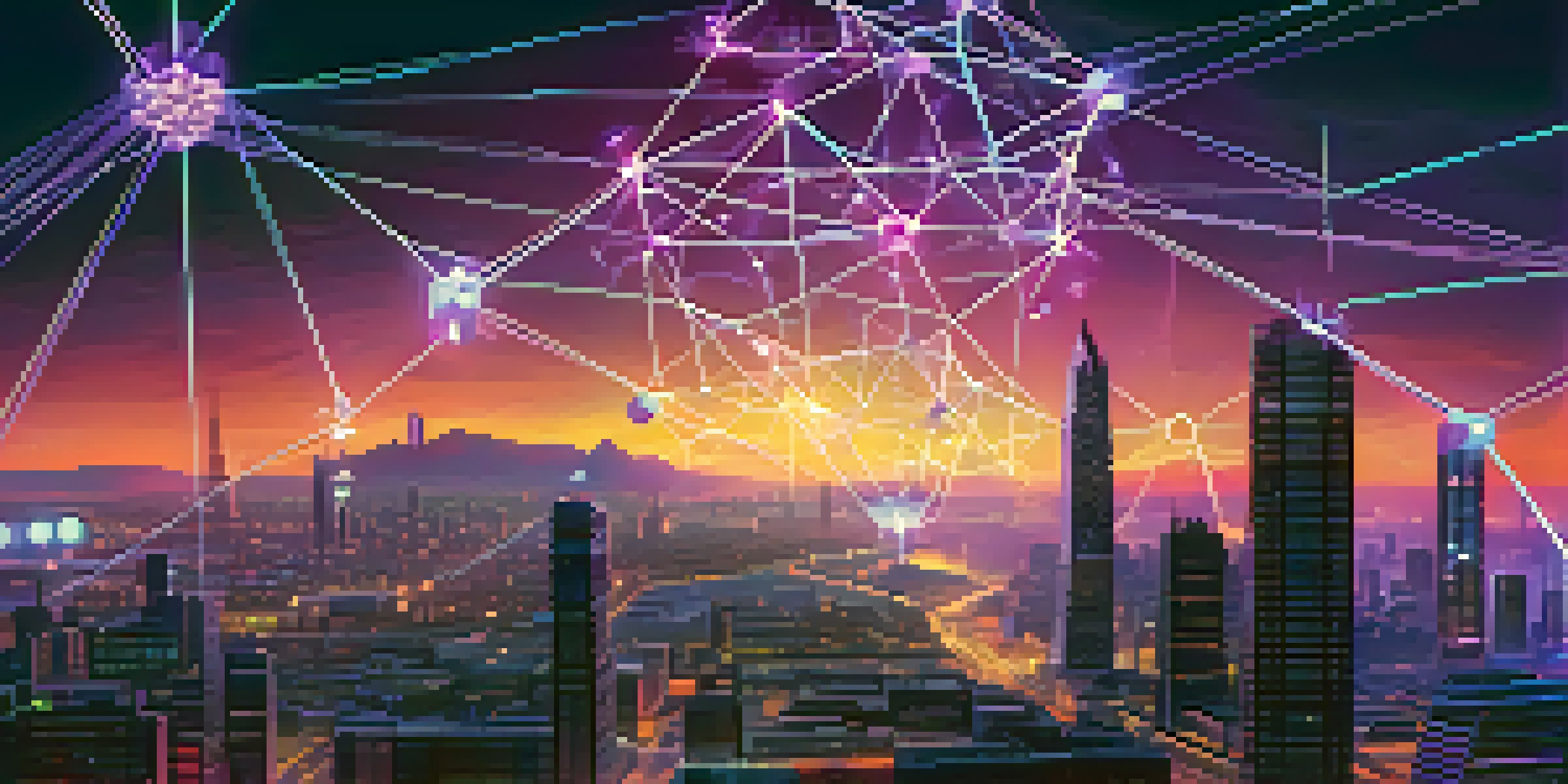 An illustration showing the Ethereum blockchain as a glowing network of nodes and lines, with a futuristic city skyline in the background under a twilight sky.