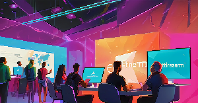 A diverse group of developers engaging in discussions at an Ethereum conference, with laptops and banners in a modern hall.