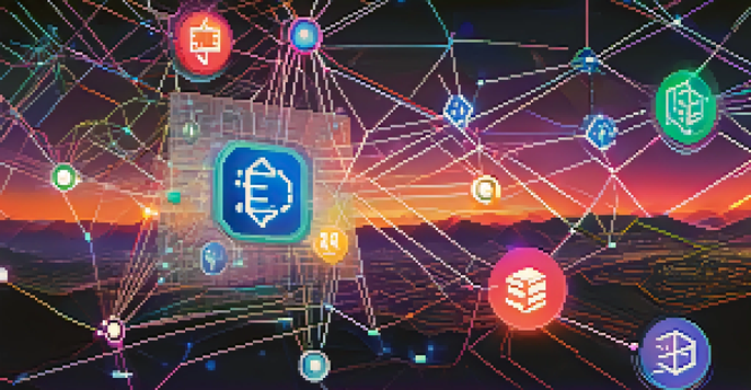 An illustration of a blockchain network with interconnected nodes labeled with various ERC standards in a vibrant digital landscape.