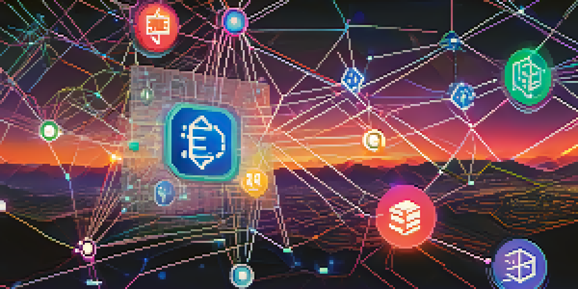 An illustration of a blockchain network with interconnected nodes labeled with various ERC standards in a vibrant digital landscape.