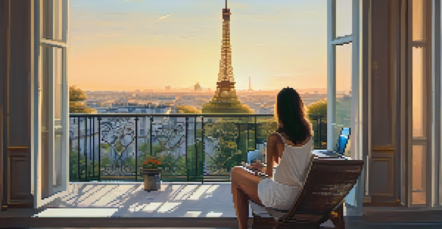 A person on a balcony in Paris with a laptop displaying blockchain transactions, with the Eiffel Tower in the background during golden hour.