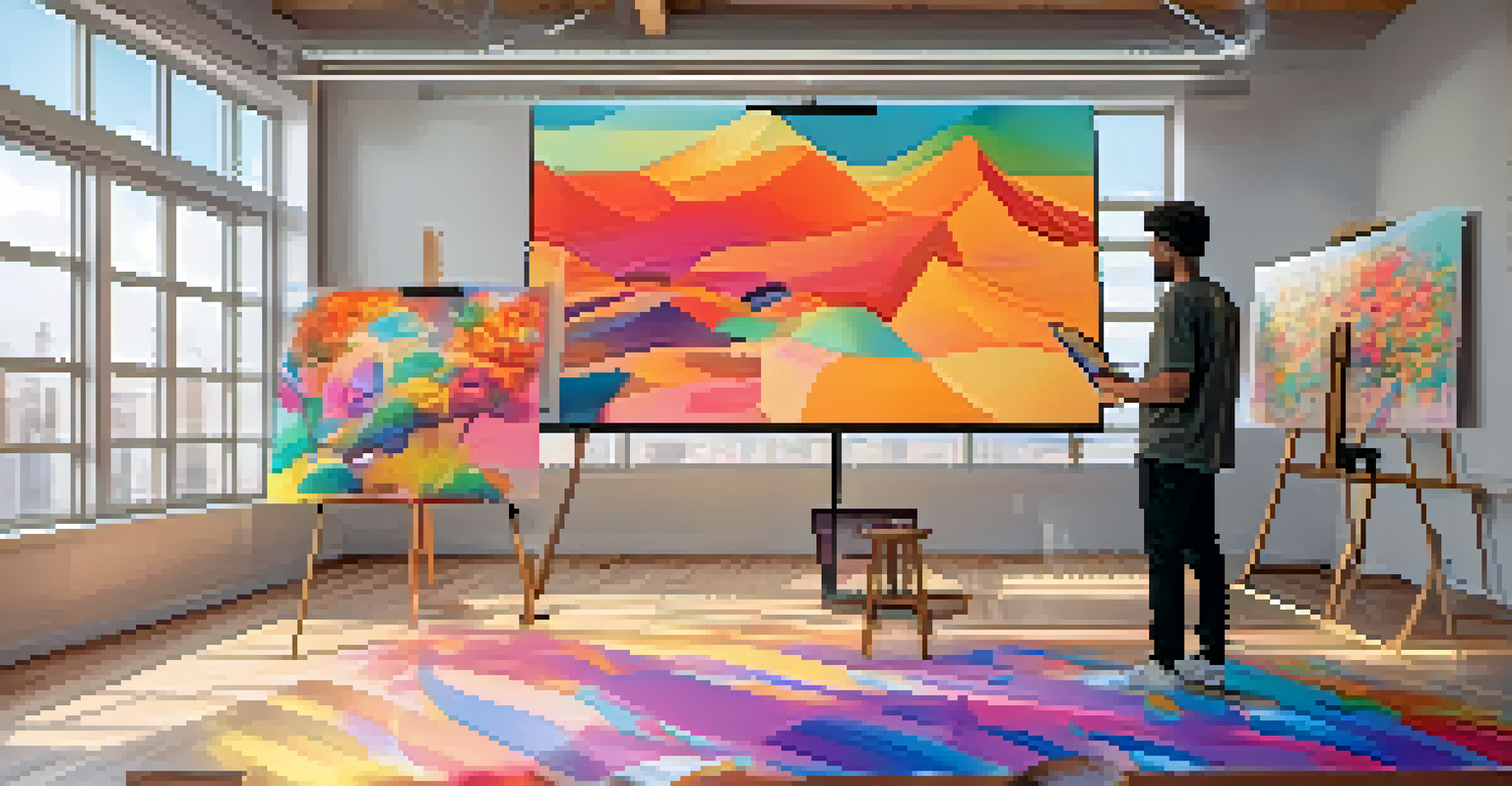 An artist in a colorful studio creating digital art, with NFTs displayed on a screen, illuminated by natural light.