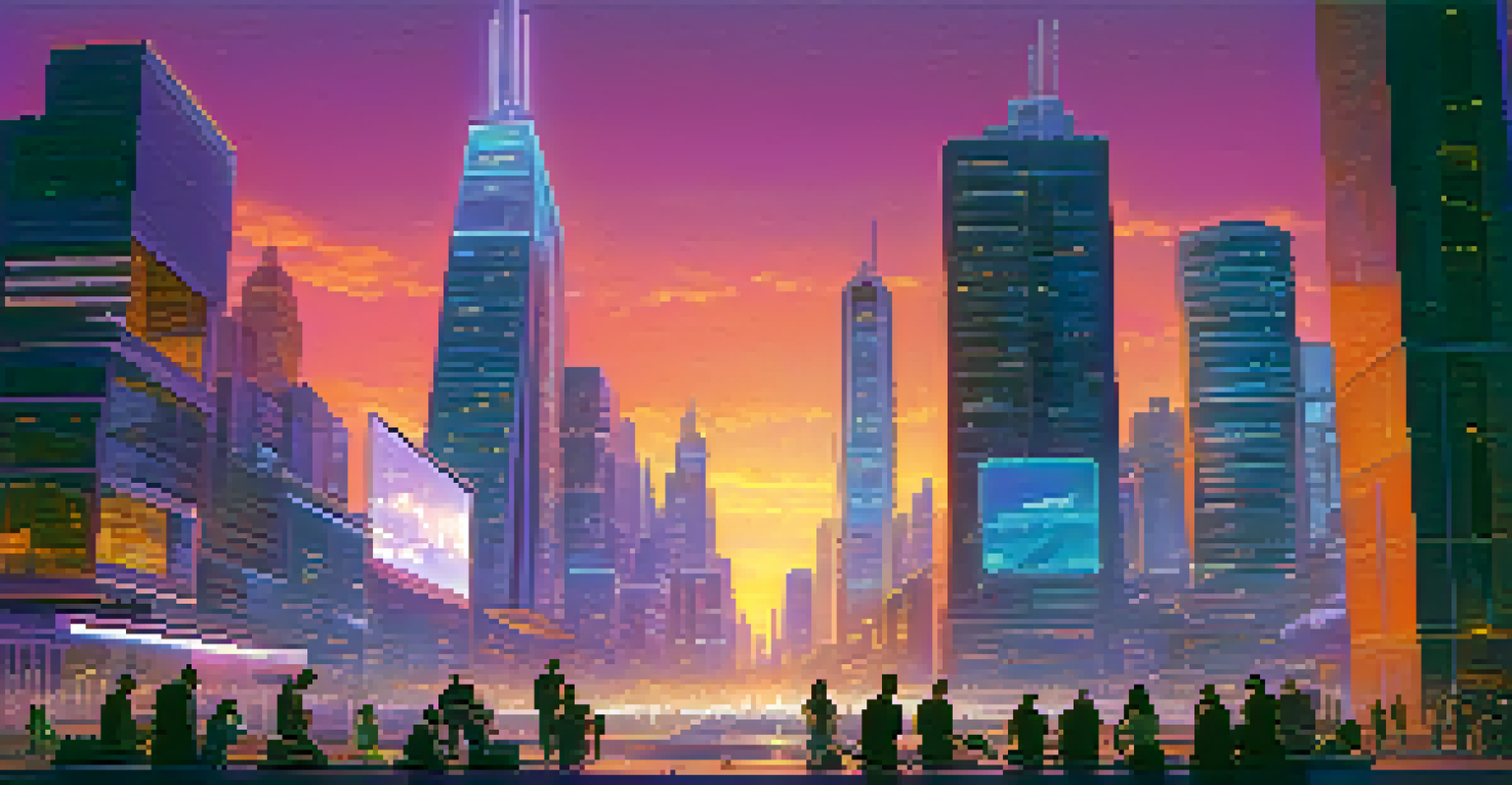 A futuristic city skyline at dusk with neon lights, depicting individuals using devices for private transactions.