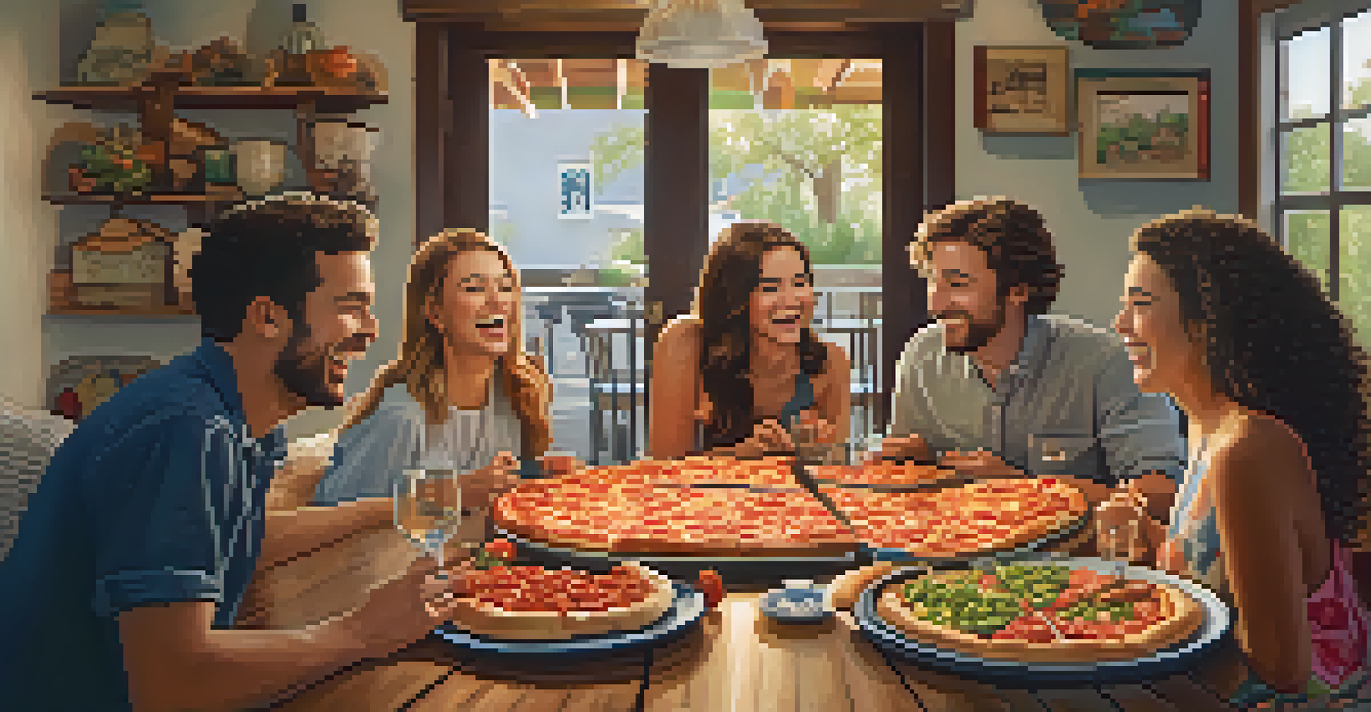Friends sharing a pizza at a dining table, displaying joy and a sense of community.