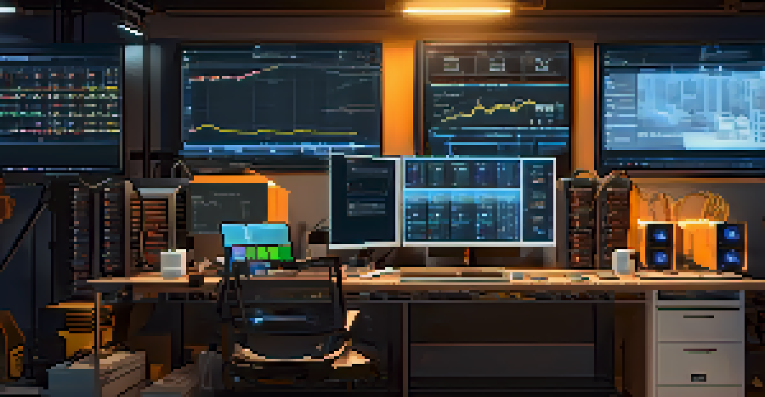 A workspace with a custom Ethereum mining rig, multiple GPUs, and a monitor showing mining statistics.