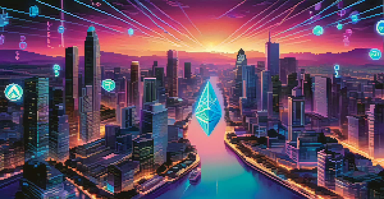 A digital landscape illustrating Ethereum's DeFi ecosystem with financial symbols and a futuristic city skyline.