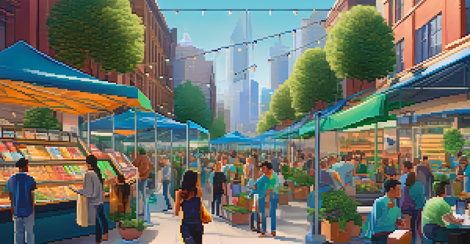 A digital marketplace bustling with people trading digital assets, with blockchain technology visualizations in the background.