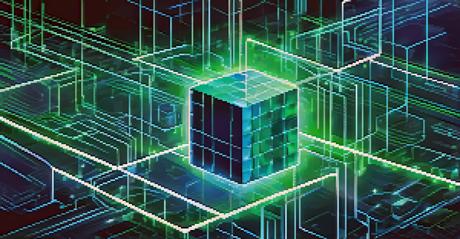 An abstract illustration of blockchain technology with interconnected blocks and digital contracts, set against a blue and green gradient background.