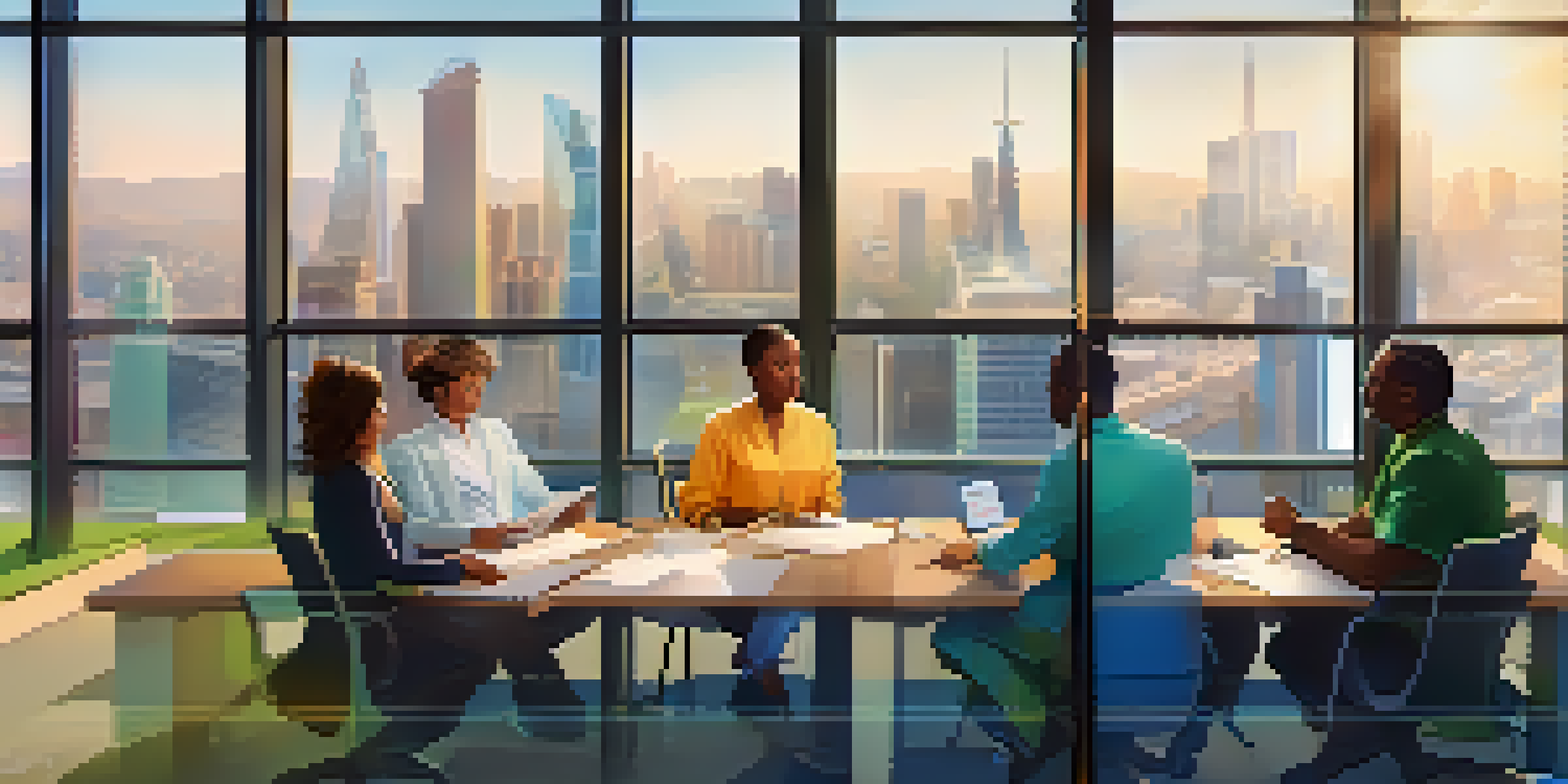 A group of diverse individuals discussing Ethereum governance in a modern conference room with a city skyline in the background.