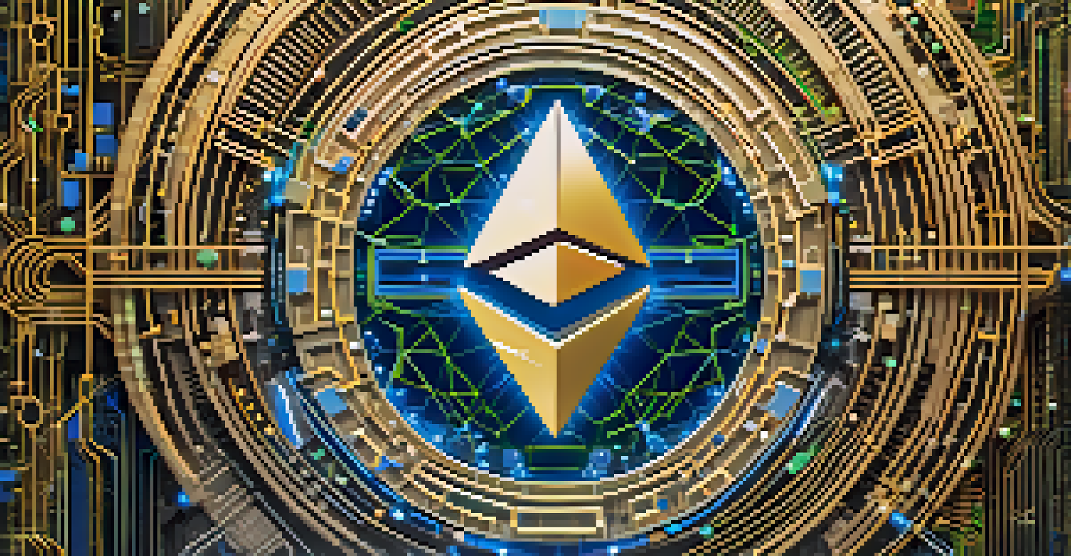 A digital representation of Ethereum's logo surrounded by other blockchain symbols, emphasizing interconnectedness with a futuristic design.