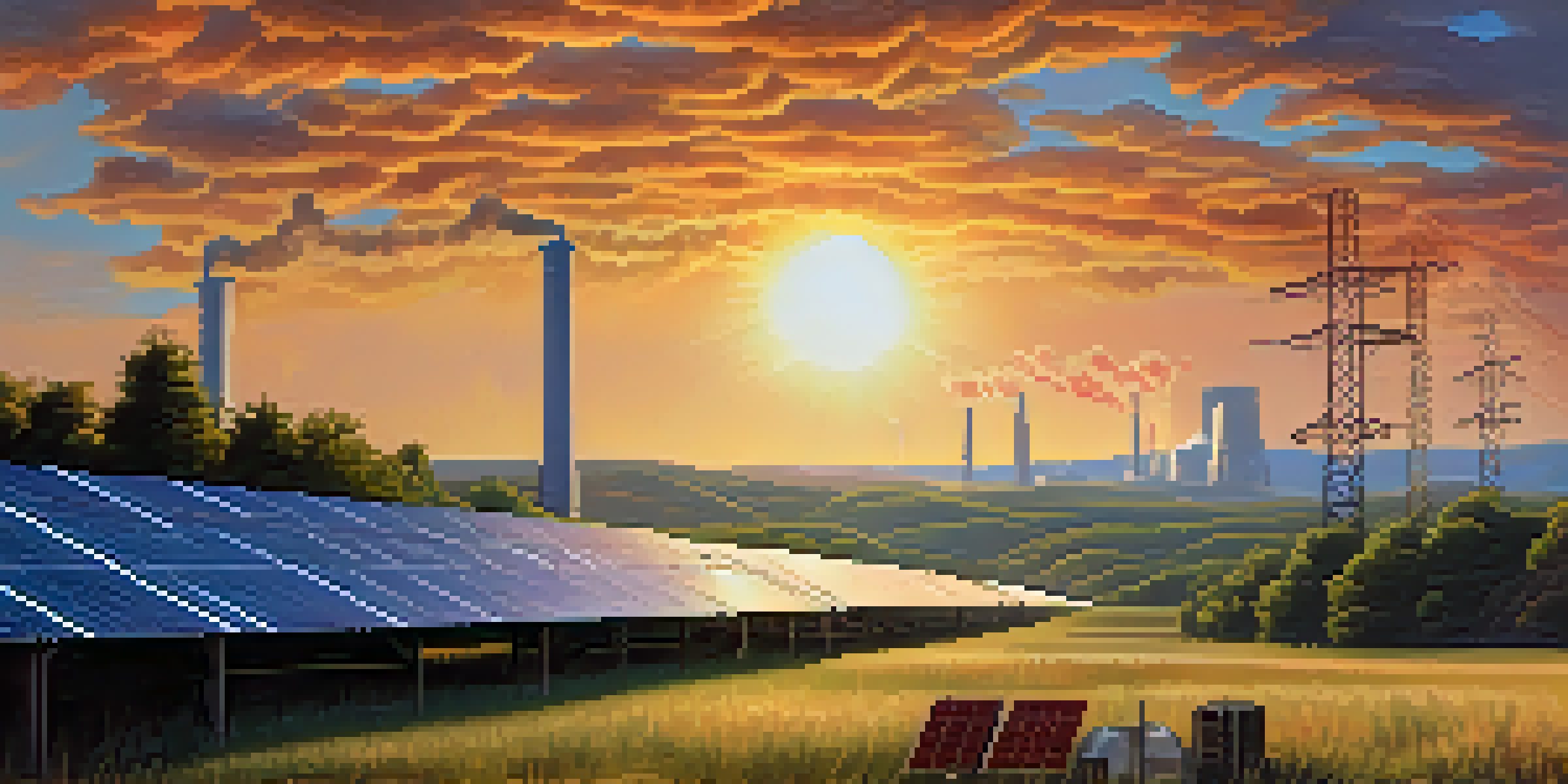 A landscape depicting the shift from coal mining to solar energy, with solar panels in the foreground and a fading mining site in the background.