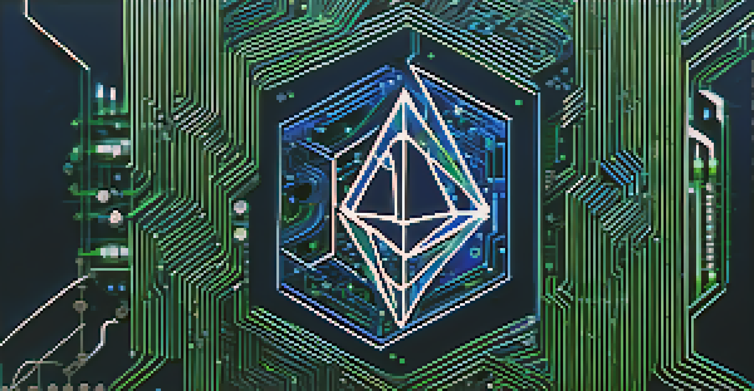 An abstract image of the Ethereum logo with digital patterns and glowing circuits in a navy blue background.