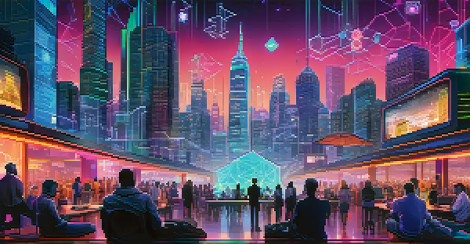 A futuristic city skyline representing Decentralized Finance with blockchain symbols, illuminated by bright neon colors and diverse individuals using digital devices.