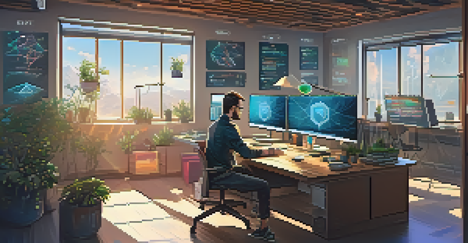 A busy workspace with a developer coding Ethereum smart contracts, featuring monitors, coffee cups, and diagrams under natural light.