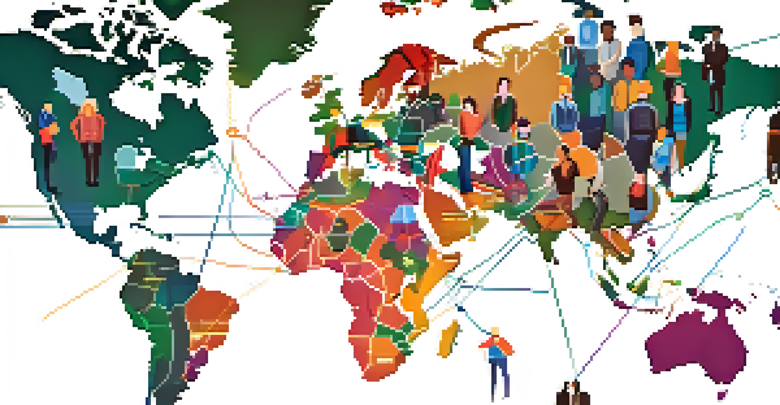 A world map with lines connecting different countries, featuring icons of freelancers, representing a global freelance network.