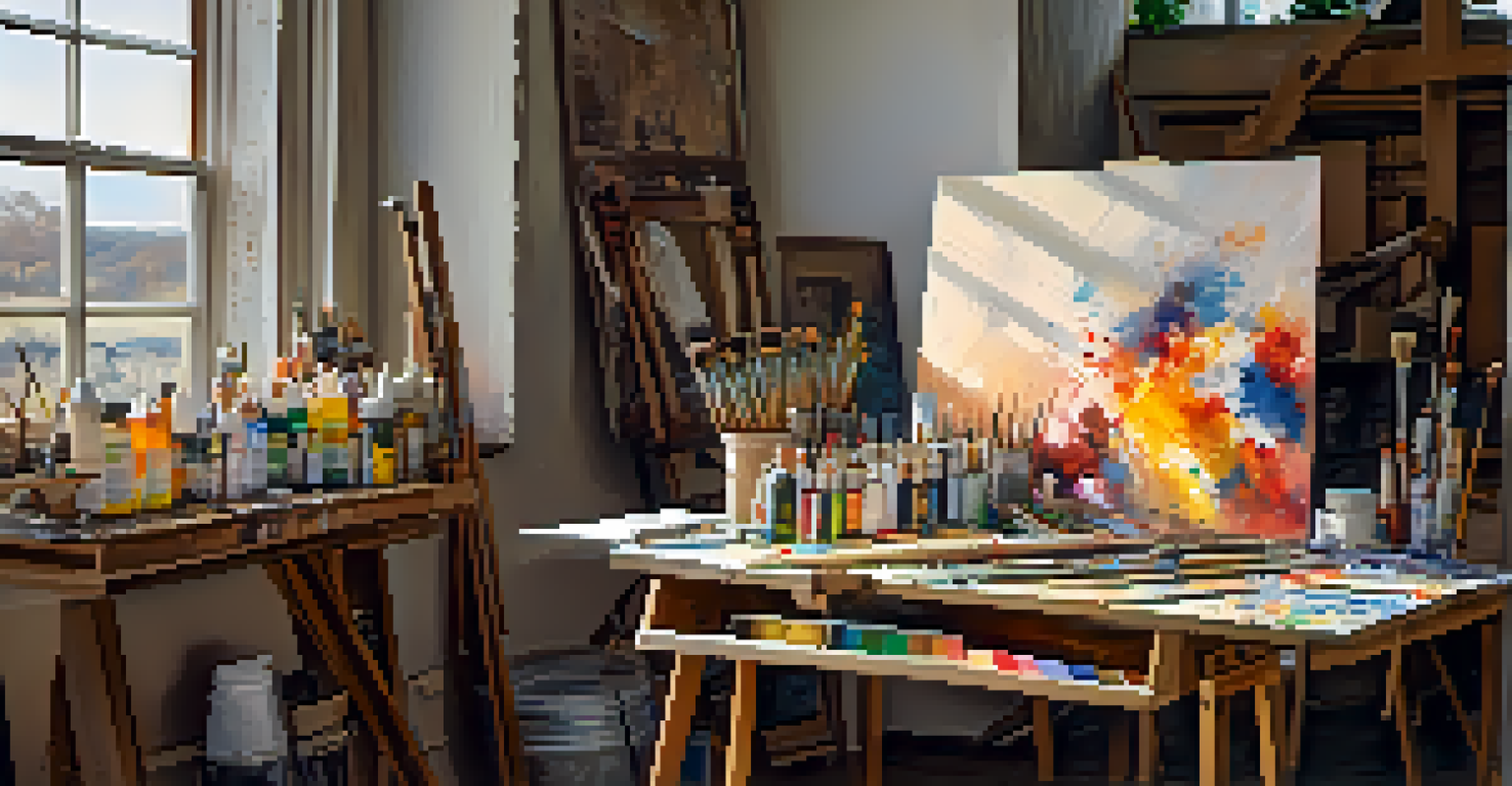 An artist's workspace with a wooden easel, colorful paints, and brushes, lit by natural sunlight from a window.