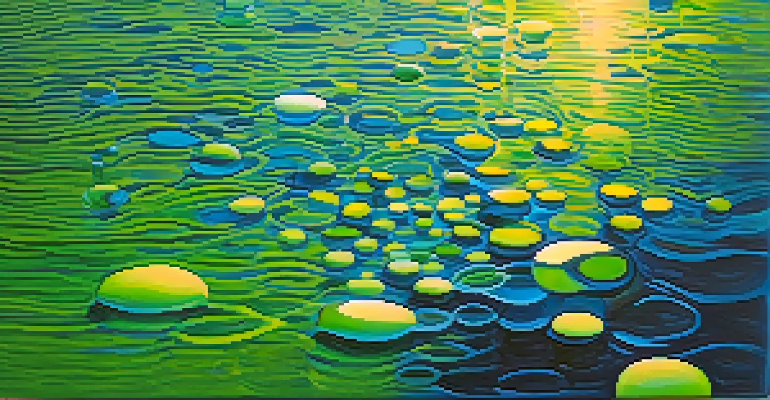 An abstract image of interconnected water-like shapes filled with colorful tokens, representing liquidity pools in decentralized finance.