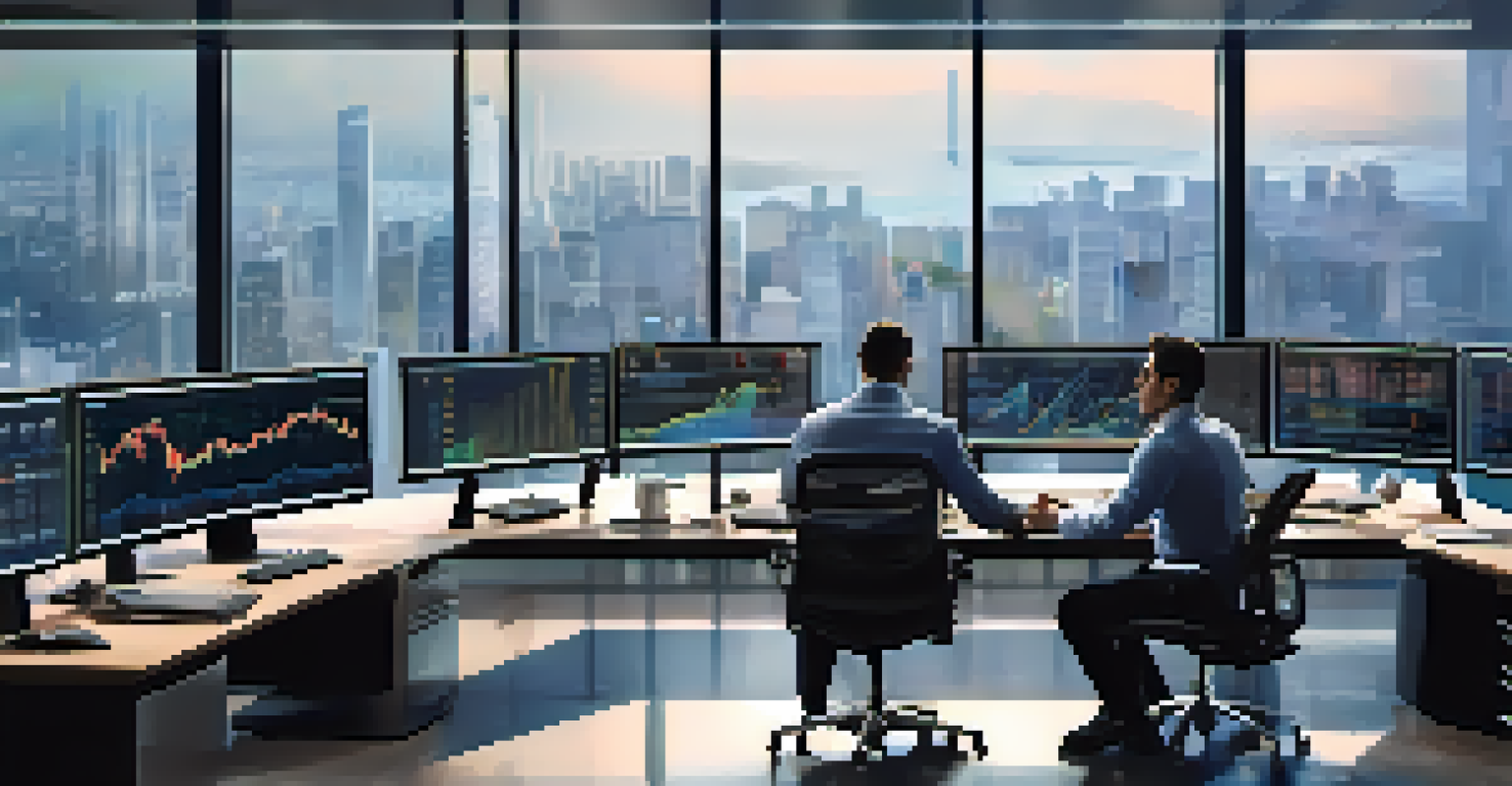 A trader in a modern office analyzing market data on multiple screens with a view of the city skyline.
