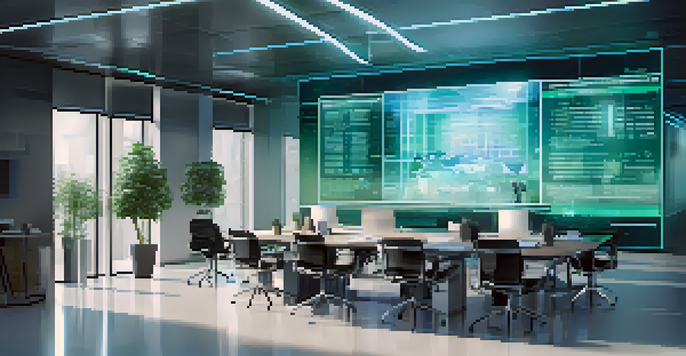 A diverse group of professionals in a futuristic office discussing smart contract code displayed on a digital screen.