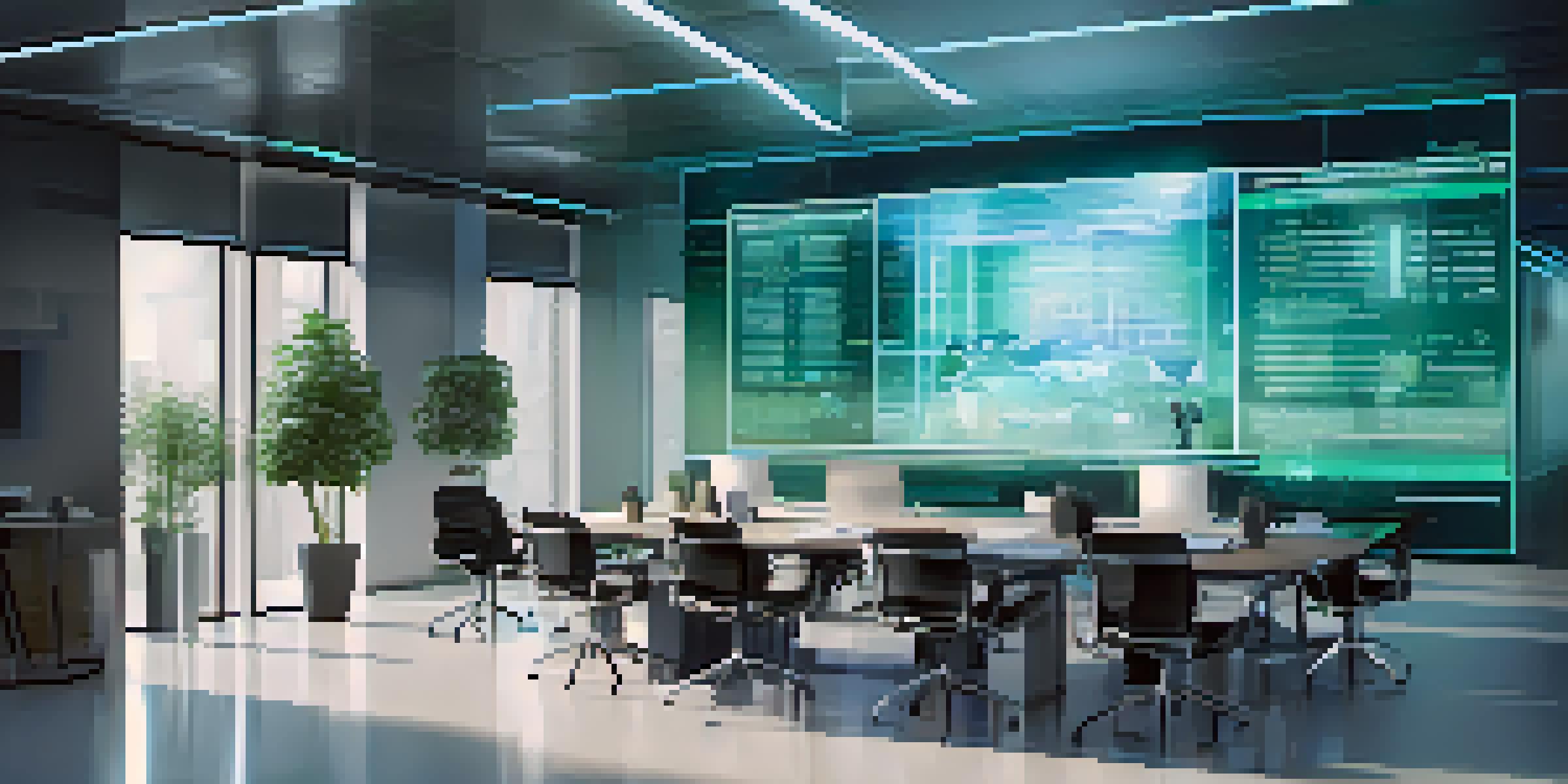 A diverse group of professionals in a futuristic office discussing smart contract code displayed on a digital screen.