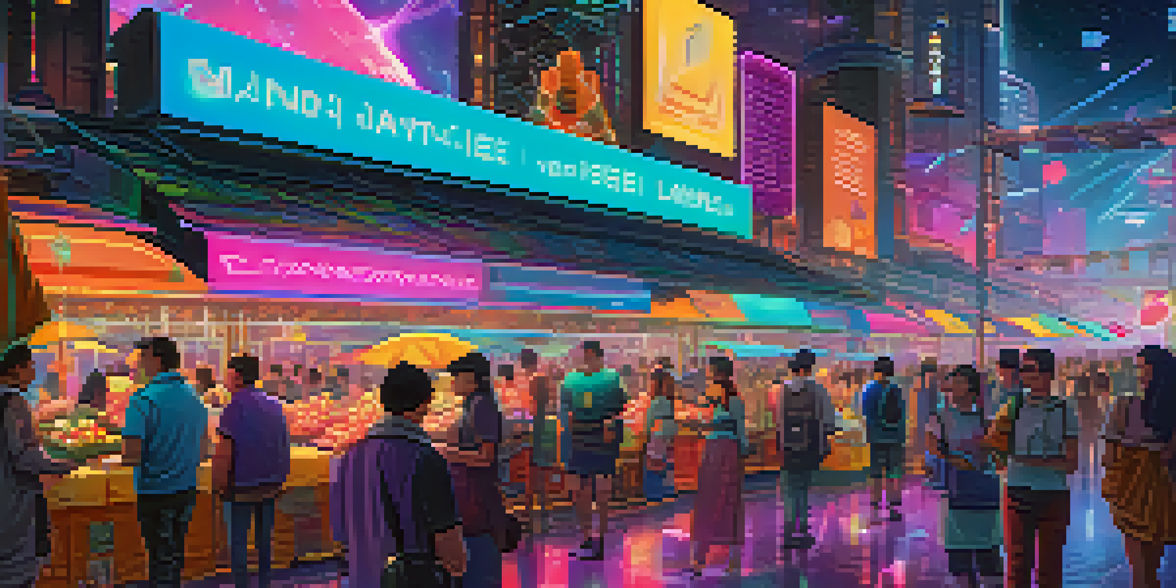 A vibrant digital marketplace scene with neon colors and abstract representations of transactions, depicting users interacting with holographic interfaces under a night sky.