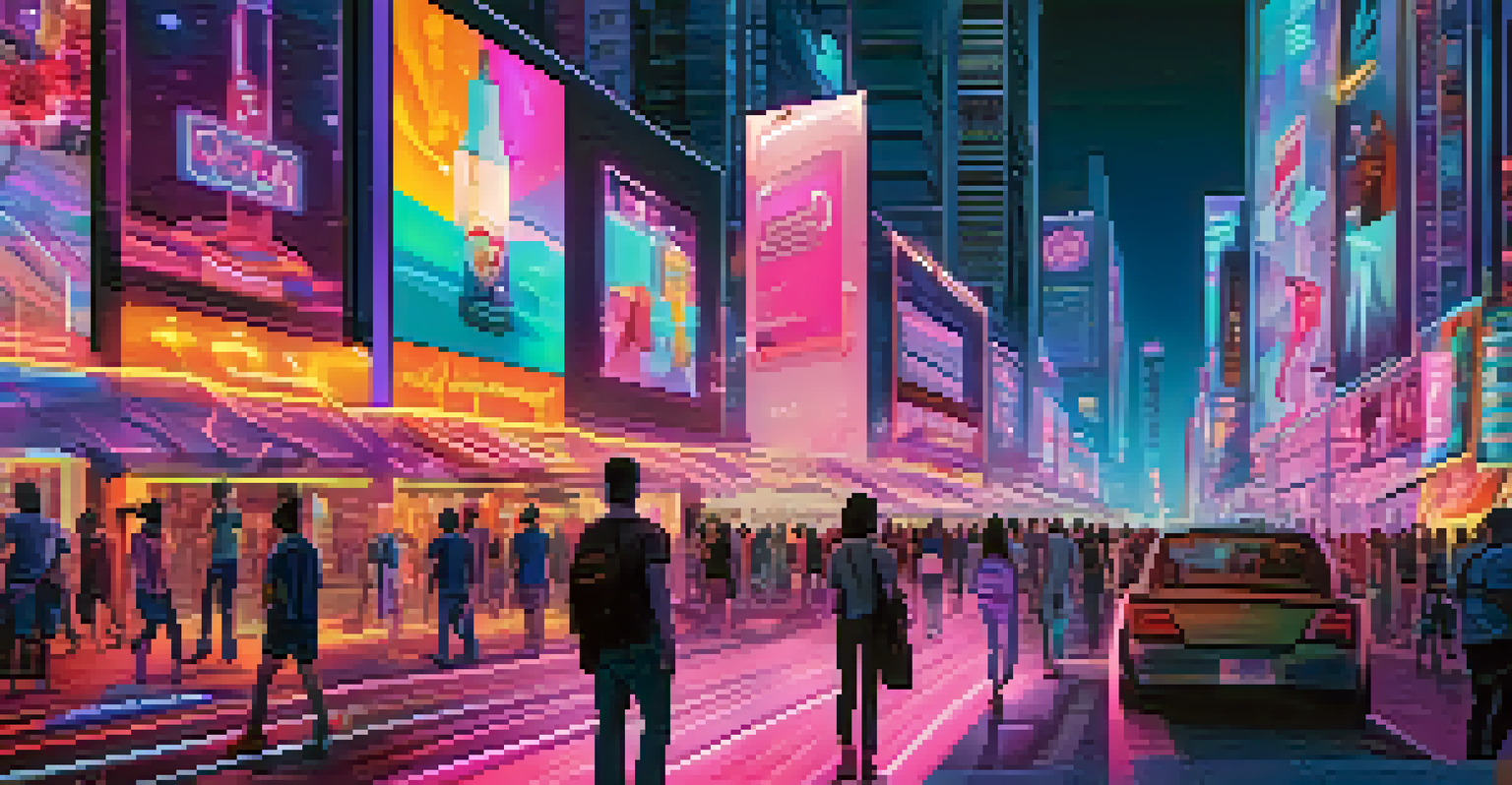 A city street filled with augmented reality advertisements and people interacting with smartphones in a vibrant twilight setting.