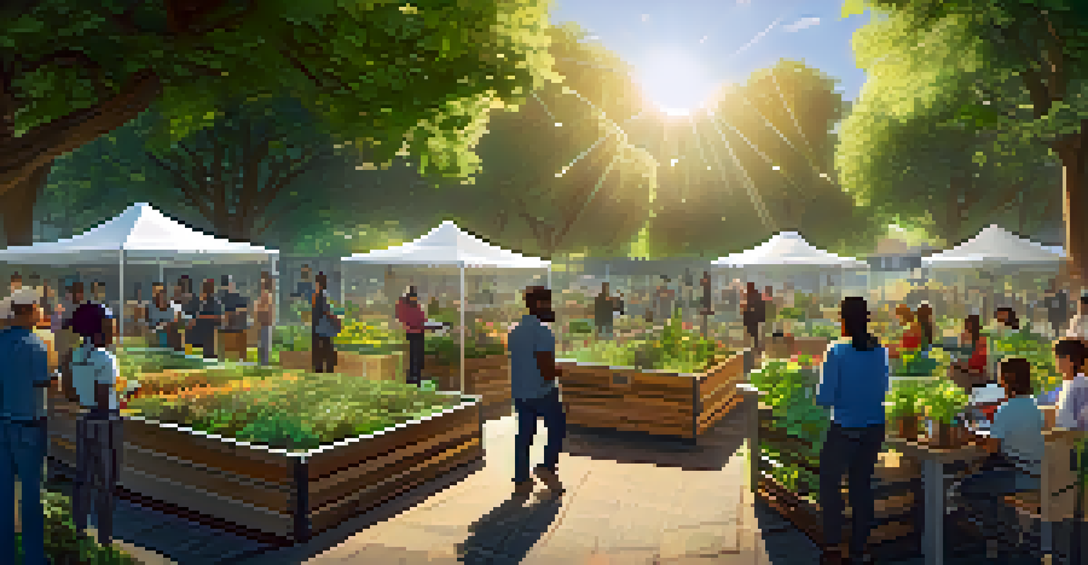 A vibrant community garden with people working together, surrounded by charts and digital devices, representing civic engagement and transparency.
